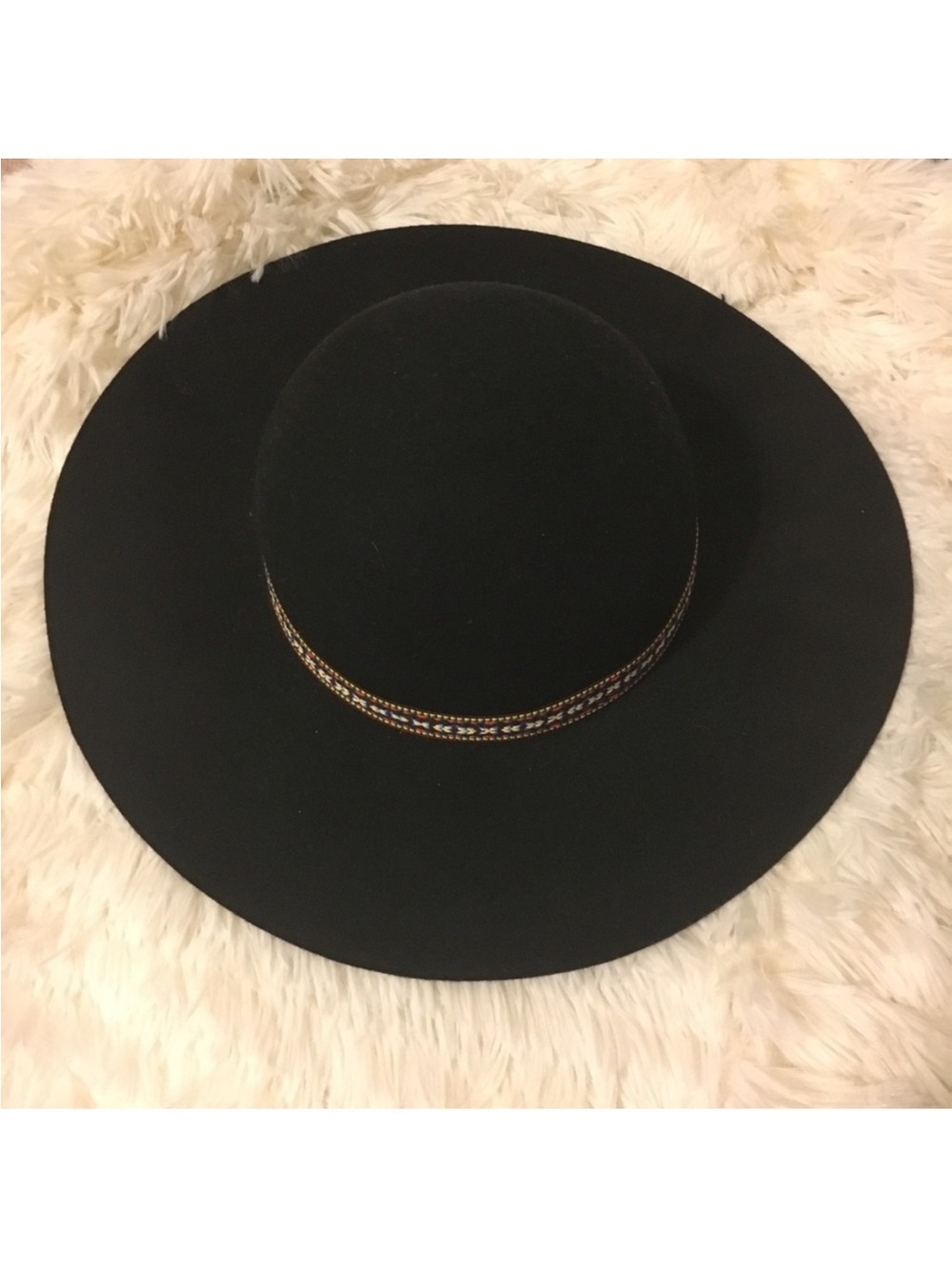 World Market // Wide Brim Black Wool Felt Boho Hat with Embroidered Band - Picture 4 of 5